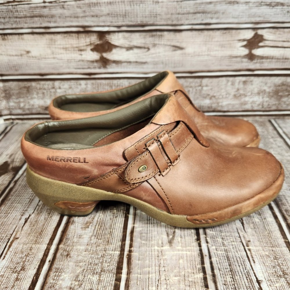 MERRELL LUXE PLUNGE Women's 8 Brindle Brown Leather Comfort Clogs Mule Shoe